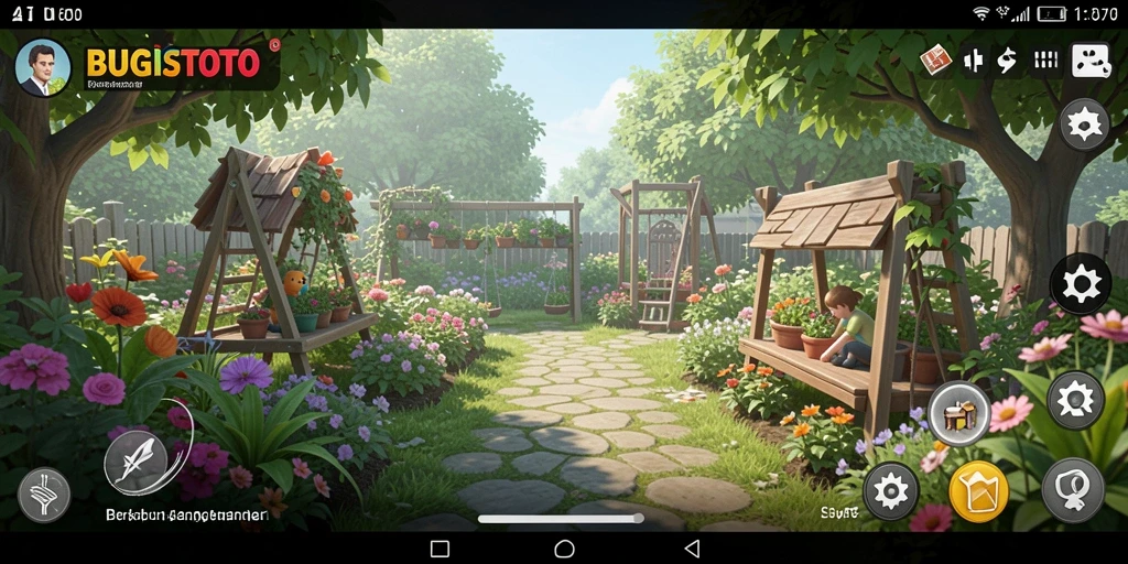 Gameplay <strong>BUGISTOTO</strong> menampilkan kebun yang subur dan berbagai aktivitas berkebun.