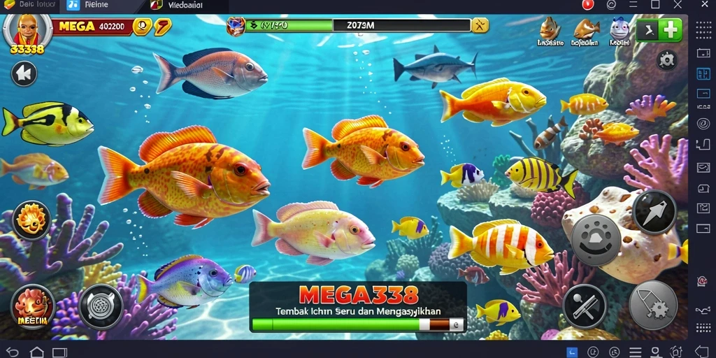 Tampilan gameplay MEGA338 dengan ikan-ikan berwarna-warni dan efek tembakan.