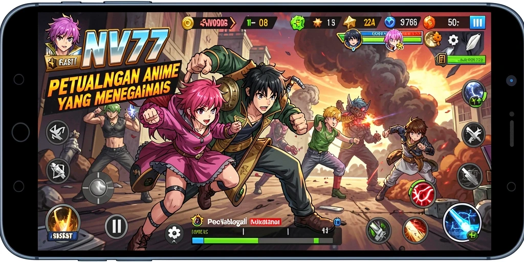 Screenshot gameplay NV77 menampilkan aksi seru karakter anime.