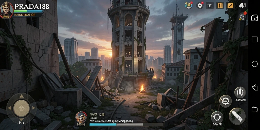 Tampilan dinamis gameplay PRADA188 dalam melindungi menara dari serangan musuh.