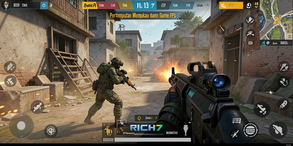 Screenshot menampilkan karakter dalam aksi menembak di medan perang FPS.