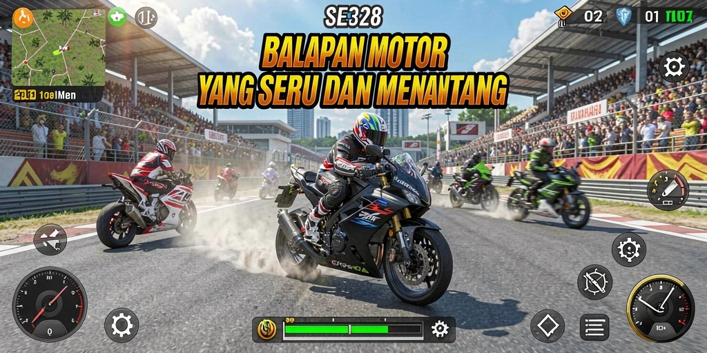 Gameplay balapan motor yang seru dan menantang.