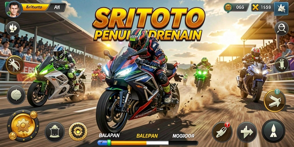 Gameplay seru dalam SRITOTO dengan motor balap yang cepat.