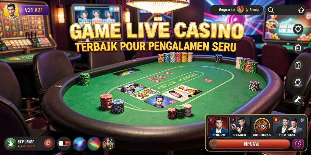 Screenshot gameplay <strong>V21</strong> menampilkan dealer langsung dan suasana kasino yang mengesankan.