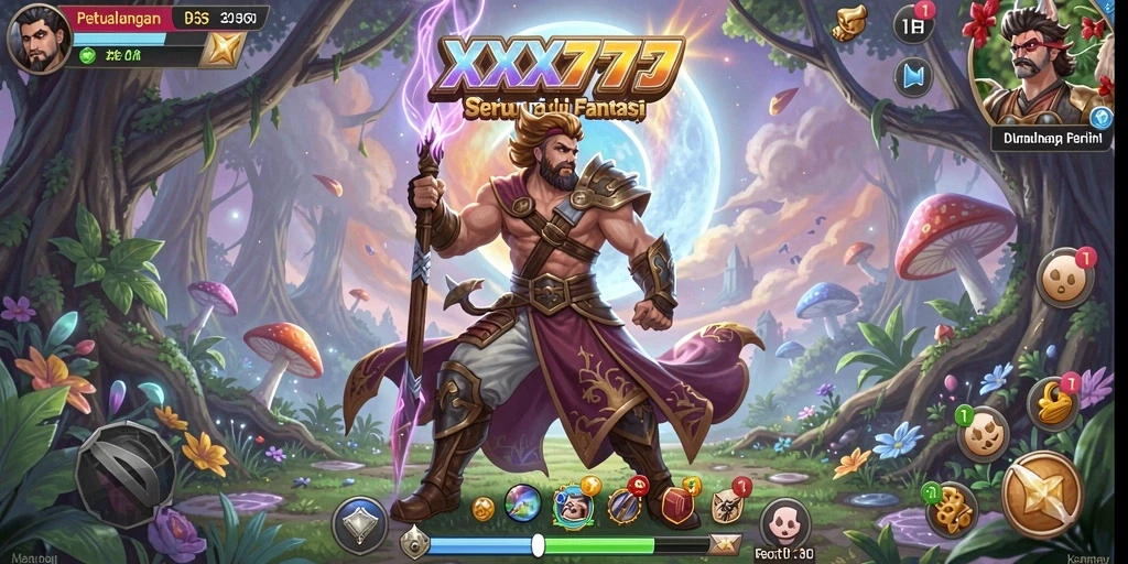 Screenshot XXX777 menampilkan karakter menjelajahi hutan misterius.